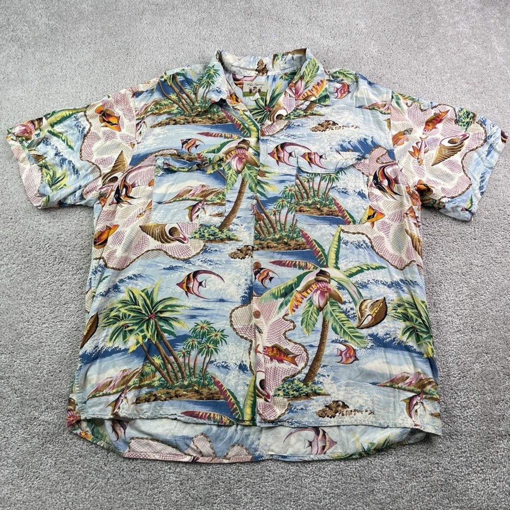 Vintage Reyn Spooner Shirt Men XL Tropical Palm Tree Rayon Aloha Hawaiian Resort